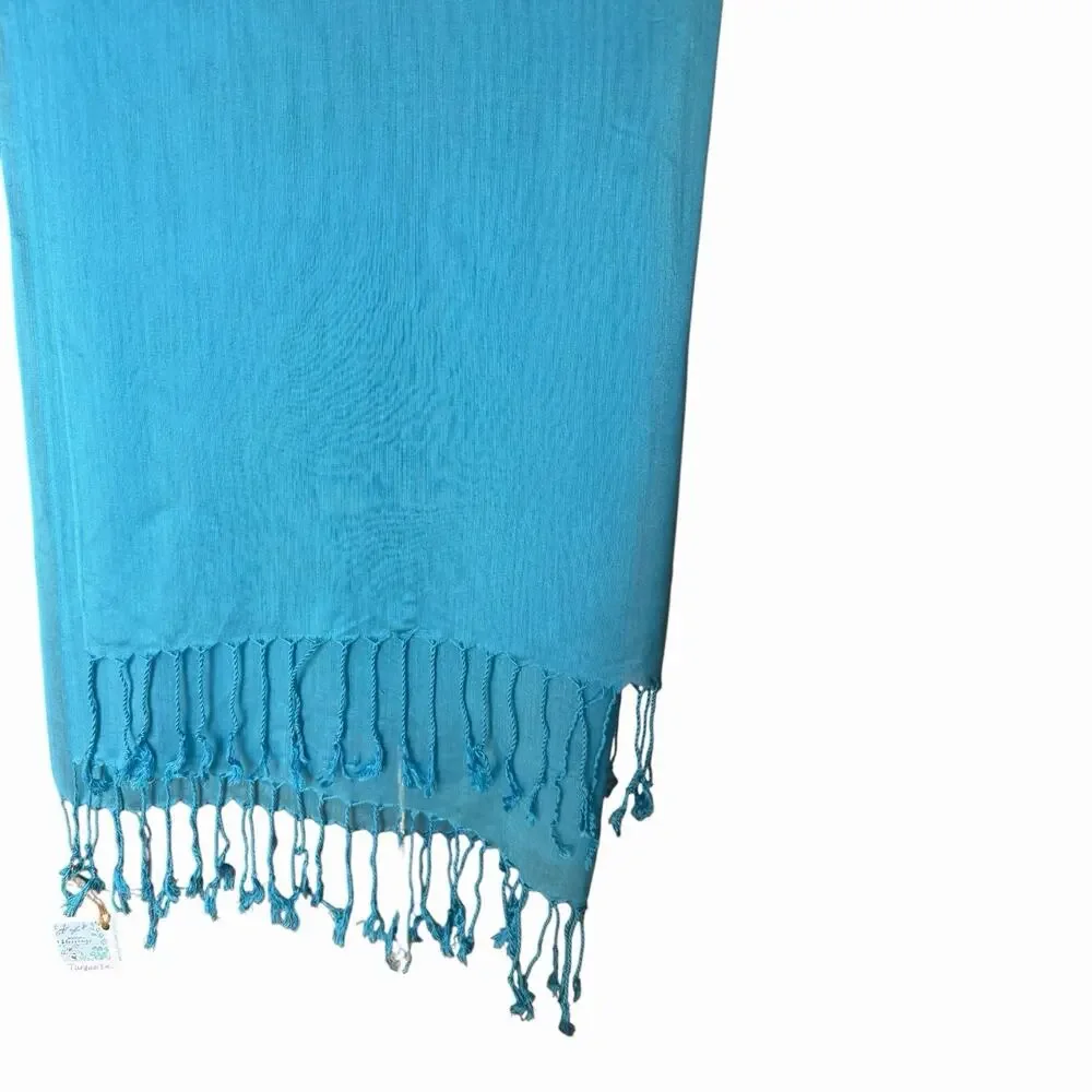 Handmade Turquoise Blue Sheer Fringe Scarf Lightweight Shawl Wrap Boho Style